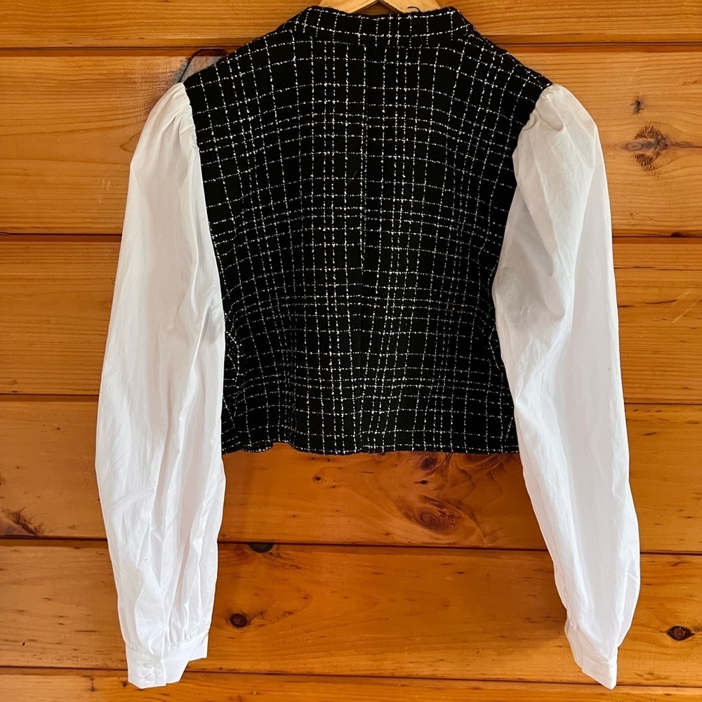 ZARA Tweed Contrasting Round Neck Long Sleeve Blouse Button Up Top M - Picture 3 of 3